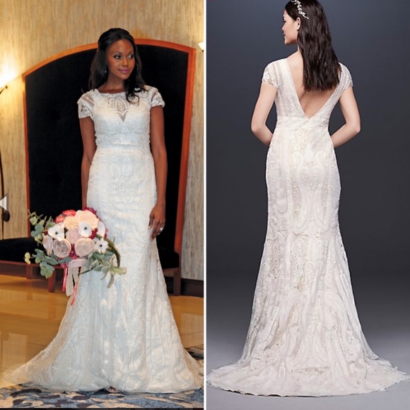 Melissa Sweet 8 Lace Embroidered Ivory Illusion Sequin Train Wedding Gown Dress - Picture 3 of 15